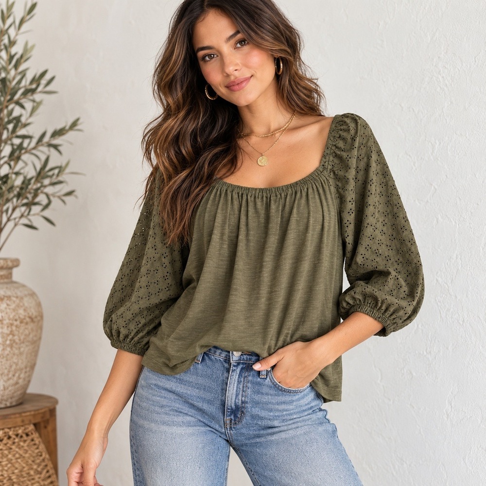 Sanctuary Zooey Square Neck Tee Olive Green Eyelet Sleeve Top Large